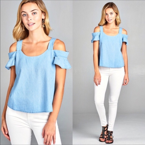 Last 1❣Chambray Cold Shoulder Ruffle Top - Picture 4 of 6